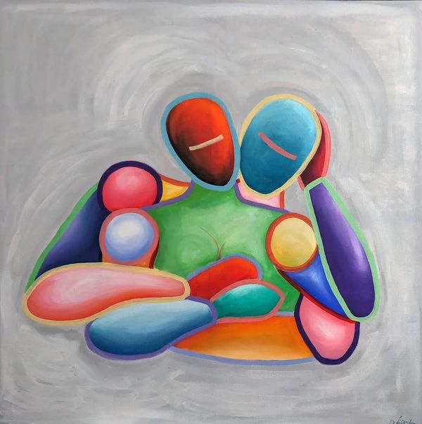 Acrylic painting 100 x 100cm called Safe in Your Arms. 2 figures wrapped one behind the other.