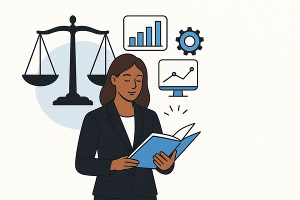 A professional woman reading a book with icons of justice and data analytics around her.