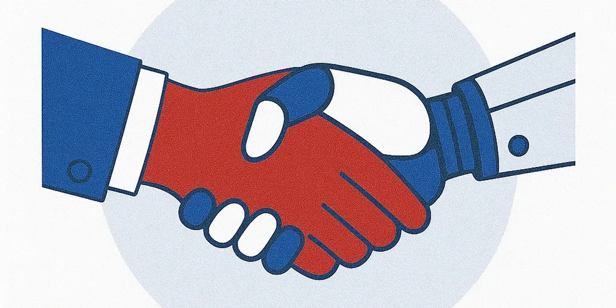 Illustration of a red, white, and blue handshake symbolizing agreement.