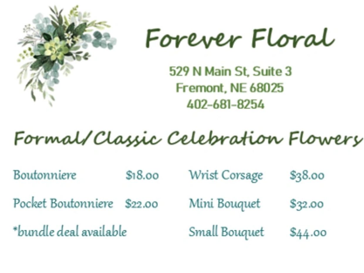 Forever Floral offers formal celebration flowers with prices from $18 to $44.