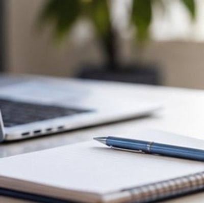 Pen and notebook beside a laptop.