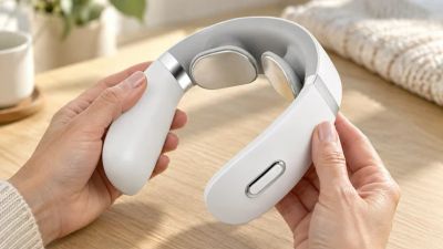 Person holding a white neck massager device.