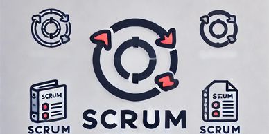 Illustration of Scrum framework with circular arrows and document icons.