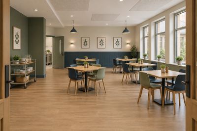 MVS dining room with small tables and a serving area.
