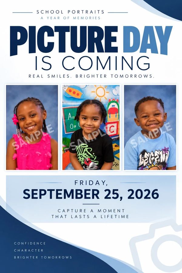 School picture day announcement with smiling kids.