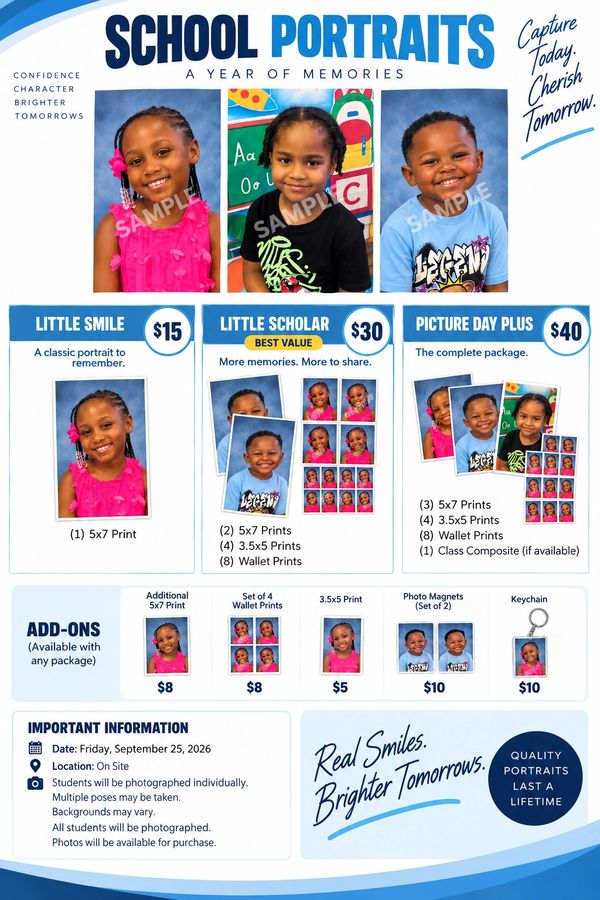 School portrait packages with pricing and add-ons for photo prints and keychains.