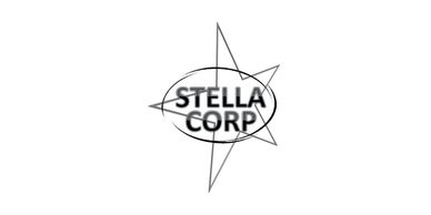 Black and white Stella Corp logo with star-like design.