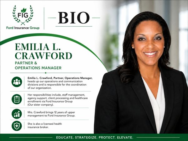 Professional bio of Emilia L. Crawford, Partner and Operations Manager at Ford Insurance Group.