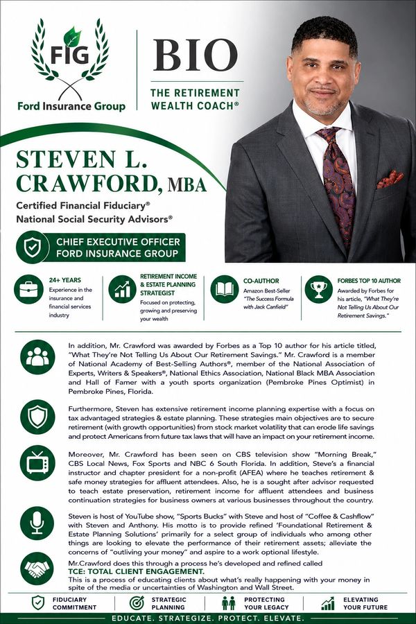 Professional advertisement for Steven L. Crawford, a certified financial fiduciary and retirement wealth coach.