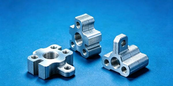 Three silver metal mechanical parts on a blue surface.