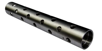 Metal cylindrical tube with evenly spaced circular holes.