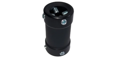 Black metal coupling with screws for pipe joining.