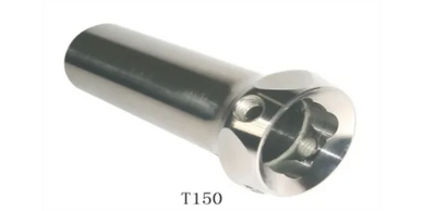 A metallic cylindrical tool labeled T150 with a hollowed, threaded end.