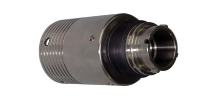 Close-up of a metallic cylindrical mechanical part with threading and holes.