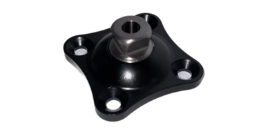 Black metal mounting bracket with four holes and a central hexagonal opening.