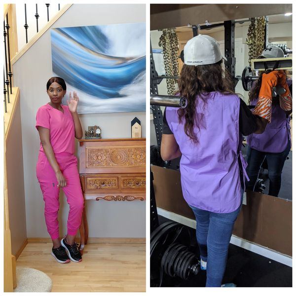 Two women in colorful outfits, one posing indoors and the other in a gym setting.