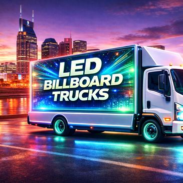 A truck with a vibrant LED billboard advertising LED billboard trucks at sunset.