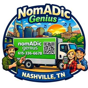 Logo for NomADic Genius with Nashville skyline and contact info.