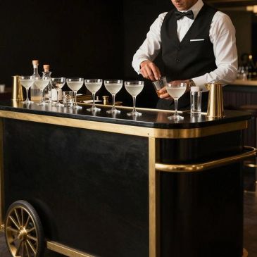 Bartender preparing cocktails on a stylish bar cart.