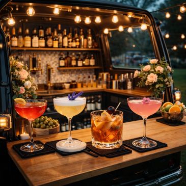 Elegant cocktails on a wooden bar with string lights and flowers.