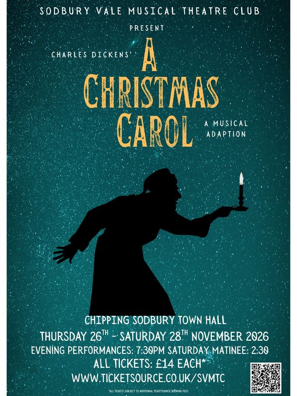 A Christmas Carol poster depicting Scrooge holding a candle. The date of the production is 26th to 2