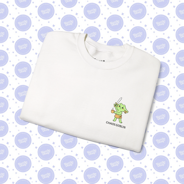 White sweatshirt with a cute green goblin holding a sword and text "CHAOS GOBLIN".