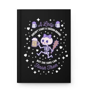 Black notebook with a cute skeleton lady holding a beer and club, surrounded by text and hearts.