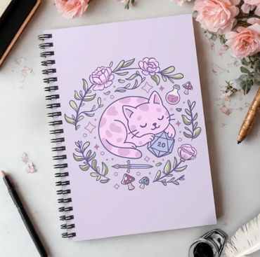Pink-themed notebook with a cute cat and fantasy elements illustration.