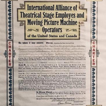 Charter document for the International Alliance of Theatrical Stage Employees and Moving Picture Machine Operators.