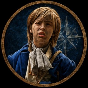 Young boy in historical costume, looking distressed.
