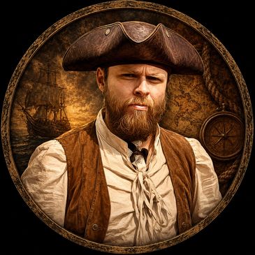 Bearded pirate with a tricorn hat.