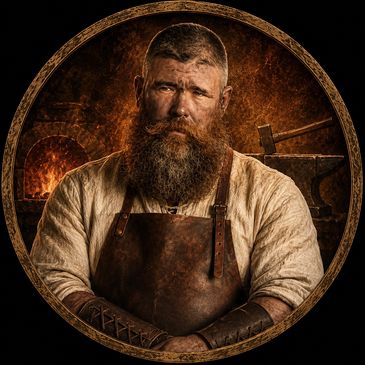 Bearded blacksmith in leather apron and gauntlets.