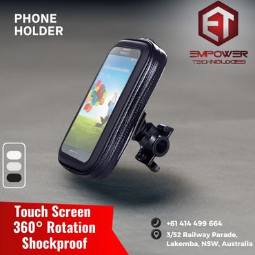 Phone holder with touch screen and 360° rotation, shockproof design.