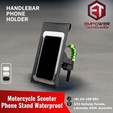 Handlebar phone holder for motorcycles and scooters, waterproof and sturdy.