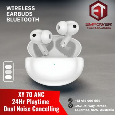 White wireless Bluetooth earbuds with charging case by Empower Technologies.