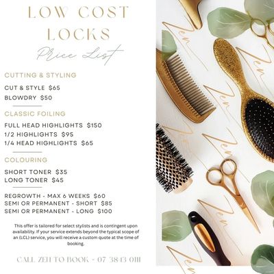 Zen Hair Skin & Body's Low Cost Locks Service Menu