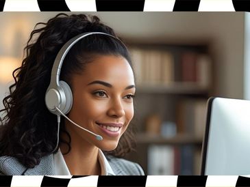Female with curly hair and headset working at laptop.