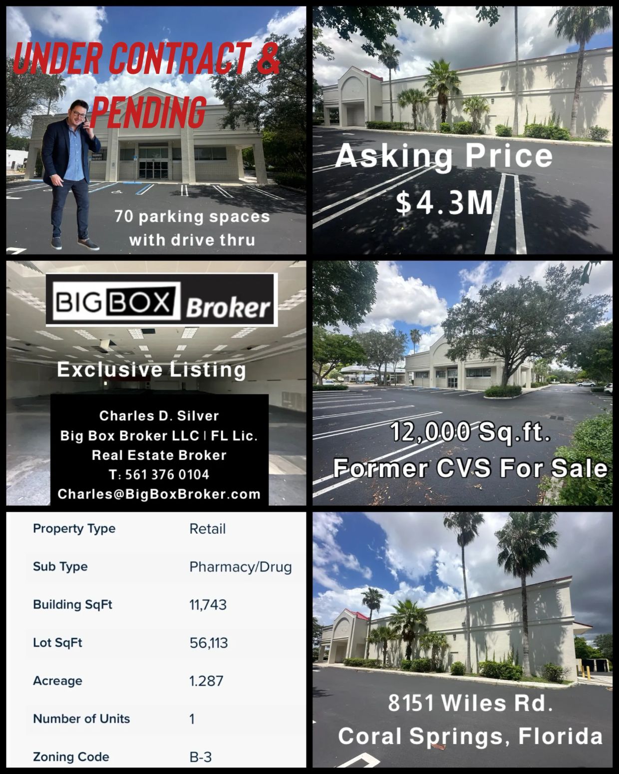 Retail property with 70 parking spaces, former CVS for sale at $4.3M in Coral Springs, Florida.