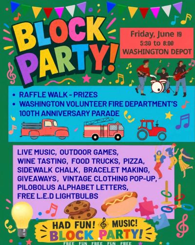 Colorful block party flyer with live music, games, and food on June 19 at Washington Depot.