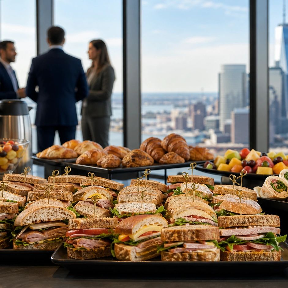A spread of sandwiches, pastries, and fruit with business people talking in the background.