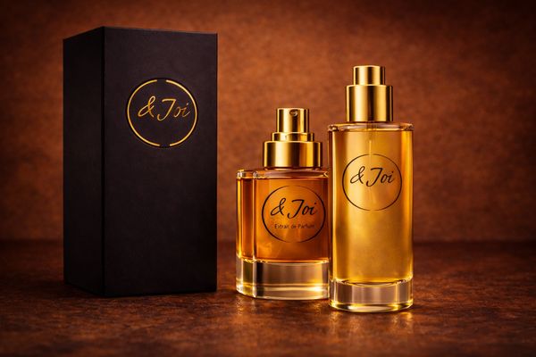 Luxurious &Joi perfume bottles and elegant black box on a warm brown surface.