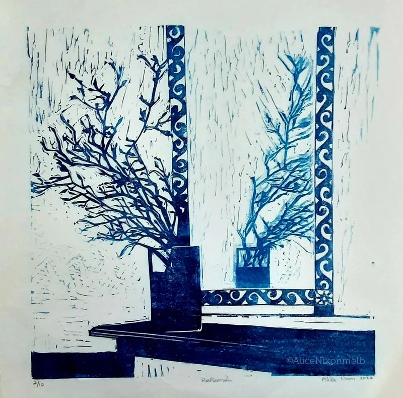 lino print of branches in a vase reflected in a mirror A nixon