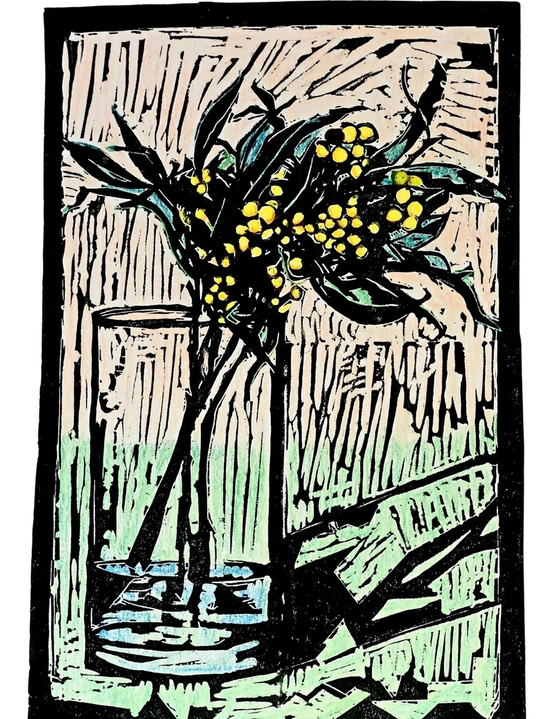 gum tree branches in a cylinder vase lino print A Nixon