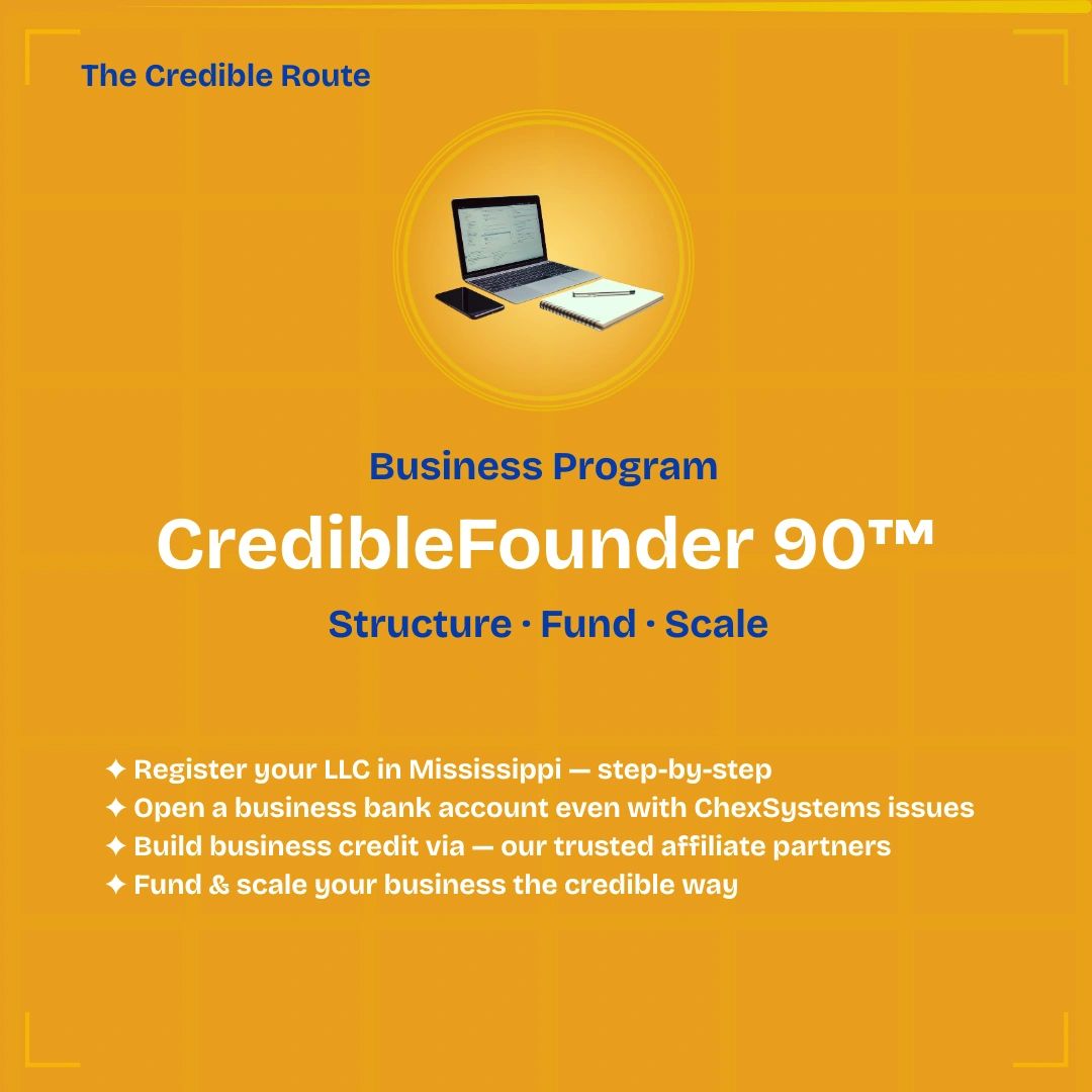 Business program CredibleFounder 90™ helps register LLCs, open business bank accounts, build credit, and fund businesses.