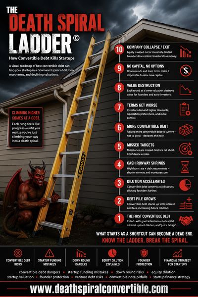 Infographic showing how convertible debt harms startups leading to failure.