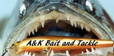 Close-up of a fish's open mouth with a fishing lure labeled 'A&amp;K Bait and Tackle'.