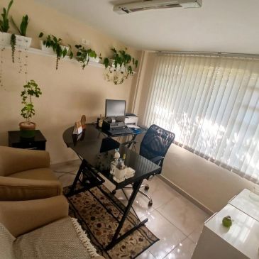 Cozy home office with plants and natural light.