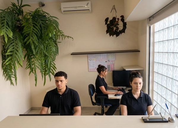 Three people working quietly in a minimalist office with natural light.