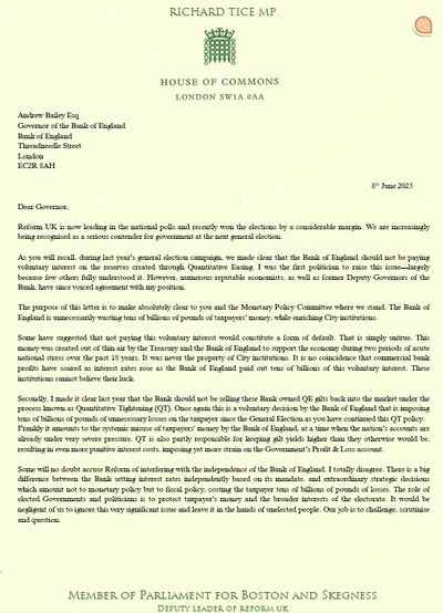 Reform UK letter to the Bank of England