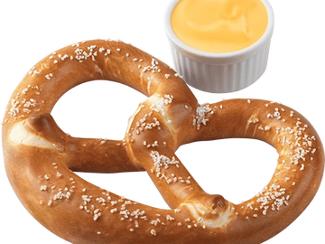 Soft pretzel sprinkled with salt served with cheese dip.